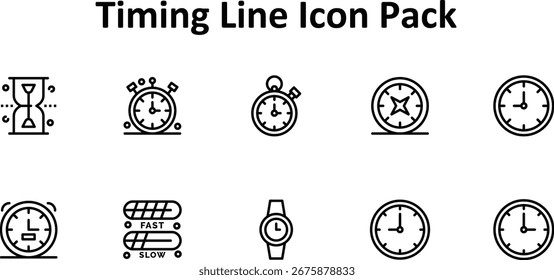 10 iconos vectoriales diseñados profesionalmente en estilo de línea delgada para el tema de temporización. Versátil y escalable.