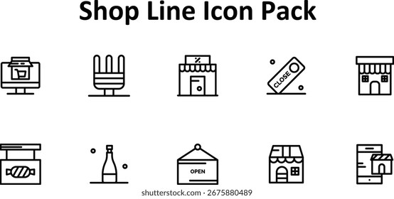 10 professionell gestaltete Vektorsymbole im Thin Line-Stil für das Shop-Thema. Vielseitig und skalierbar.