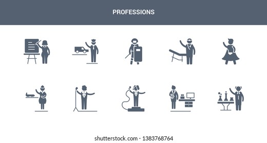 10 professions vector icons such as scientist, secretary, showman, singer, stewardess contains superhero, surgeon, swat, taxi driver, teacher. professions icons