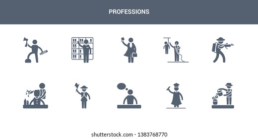 10 professions vector icons such as florist, graduated, graphic de, guide, hairdresser contains hunter, journalist, lawyer, librarian, lumberjack. professions icons