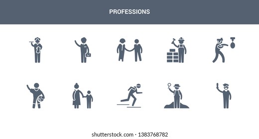 10 professions vector icons such as actor, archeologist, athlete, baby sitter, basketball player contains boxer, builder, hr specialist, businessman, butler. professions icons