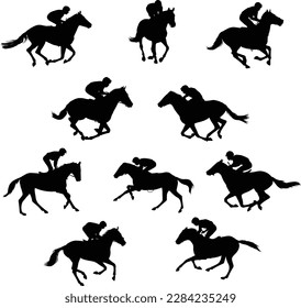 10 siluetas de caballos de carreras y jockeys - vector
