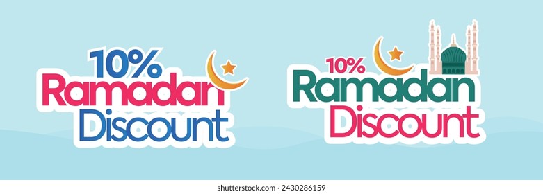 10% Ramadan discount. Ramadan 10% special discount announcement cover banner with discount stickers, labels with crescent moon and star. Celebrating the holy month with wonderful discount, Buy now