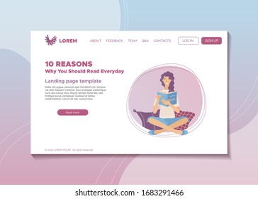 10 Reasons Why You Should Read Everyday Banner. Self Education And Intellectual Health Landing Page. Young Smiling Woman Reading Book Vector Illustration. Mental Stimulation And Stress Reduction.