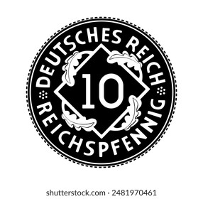 10 Reichspfennig, Deutsches Reich of Germany outlined in vector. The coin is depicted in black and white. Vector.