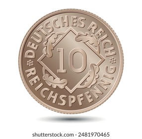 10 Reichspfennig, Deutsches Reich of Germany outlined in vector. The reverse side of the coin is isolated on a white background. Vector.