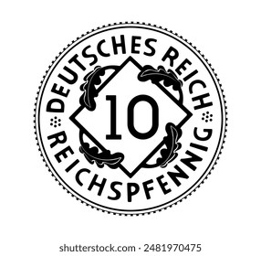 10 Reichspfennig, Deutsches Reich of Germany outlined in vector. The coin is depicted in black and white. Vector.