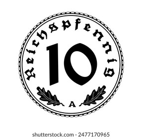 10 Reichspfennig Deutschlands in Vektorgrafik. Die Münze ist in Schwarz und Weiß dargestellt. 