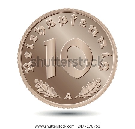 10 Reichspfennig of Germany outlined in vector. Oak leaves below. Nazi time. The reverse side of the coin is isolated on a white background. Vector.