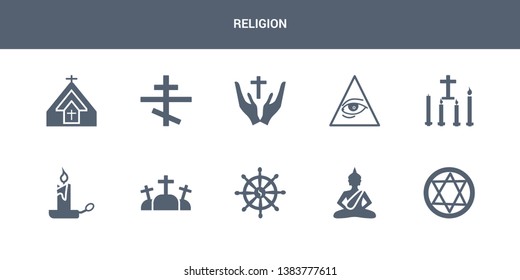 10 religion vector icons such as blasphemy, buddha, buddhism, calvary, candle contains candles, cao dai, christian, christianity, church. religion icons