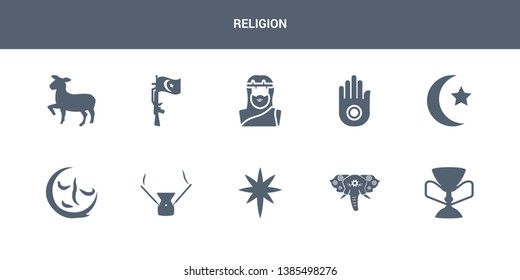 10 religion vector icons such as holy chalice, holy elephant, holy star, incense, indulgence contains islam, jainism, jesus, jihad, lamb. religion icons