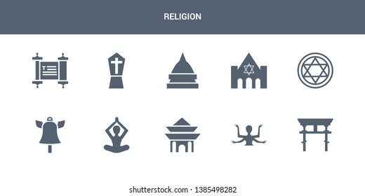 10 religion vector icons such as shinto, shiva, shrine, spiritual, standing bell contains star of david, synagogue, temple, tombstone, torah. religion icons