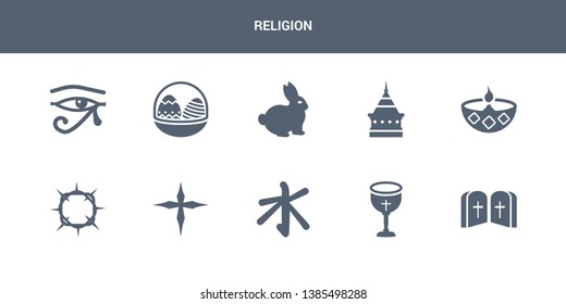 10 religion vector icons such as commandments, communion, confucianism, cross, crown of thorns contains diwali, doi suthep, easter bunny, easter eggs, eye of ra. religion icons