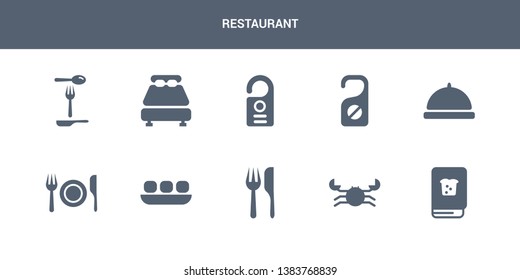 10 restaurant vector icons such as cookbook, crab, cutlery, dim sum, dinner contains dish, do not disturb, door hanger, double bed, eating utensils. restaurant icons