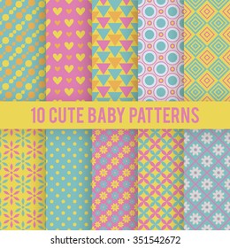 10 Retro baby vector seamless patterns. Endless texture for wallpaper, fill, web page background, surface texture. Set of bright geometric ornament. Red, orange and blue shabby colors.