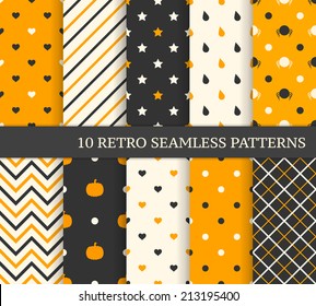 10 retro different seamless patterns. Black and orange.