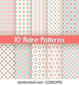 10 Retro different seamless patterns. Vector illustration for beauty design. Pink, white and blue colors. Endless texture can be used for sweet romantic wallpaper, pattern fill, web page background.