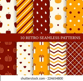 10 retro different seamless patterns. Autumn theme. Endless texture for wallpaper, web page background, wrapping paper and etc. Retro style.