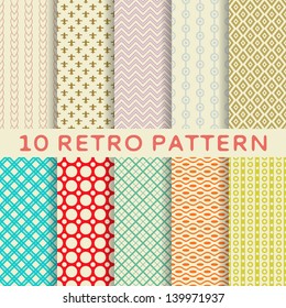 10 Retro Different Vector Seamless Patterns (tiling). Endless Texture Can Be Used For Wallpaper, Pattern Fills, Web Page Background,surface Textures. Set Of Monochrome Geometric Ornaments.