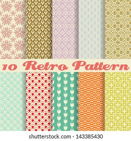 10 Retro different vector seamless patterns (tiling). Endless texture can be used for wallpaper, pattern fills, web page background,surface textures. Set of monochrome geometric ornaments.