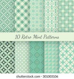 10 Retro mint and emerald vector seamless patterns. Endless texture can be used for wallpaper, pattern fills, web page background, surface textures. Set of shabby vintage geometric ornaments.