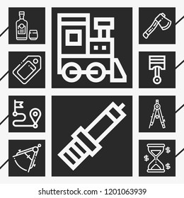 10 retro  outline style icons about compass, tag, rum, axe, hourglass, locomotive, spark plug, pistons