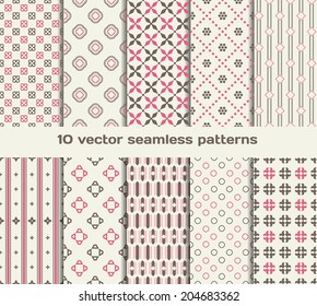 10 retro vector seamless patterns. Set of pink geometric ornaments. Eps 10