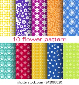 10 Romantic different flower vector seamless patterns. Endless texture can be used for printing onto fabric and paper or scrap booking. Floral shapes.