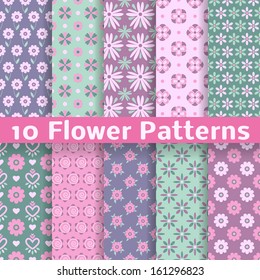 10 Romantic flower different vector patterns (tiling). Pink, green and blue colors. Endless texture can be used for printing onto fabric and paper or scrap booking. Floral shapes.