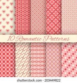 10 Romantic vector seamless patterns (tiling). Fond red, yellow and white colors. Endless texture can be used for printing onto fabric and paper or invitation. Abstract geometric shapes.