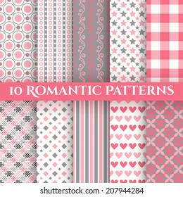 10 Romantic vector seamless patterns (tiling). Fond red, pink, grey and white colors. Endless texture can be used for printing onto fabric and paper or invitation. Abstract geometric shapes.