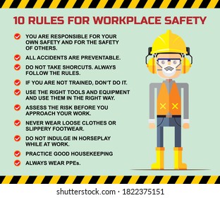 10 Rules for workplace safety. Industrial and construction. Banner, poster design.