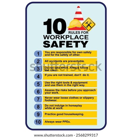 10 rules for workplace safety, poster and sign vector
