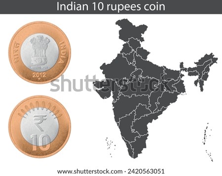 10 Rupee coin of India, back and front side with India map.