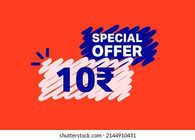 10 Rupee OFF Sale Discount banner shape template. Super Sale 10 Indian rupee Special offer badge end of the season sale coupon bubble icon. Discount offer price tag vector illustration.