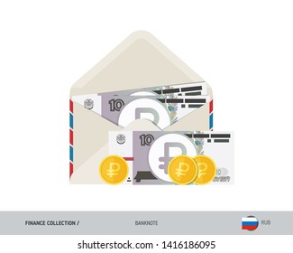10 Russian Ruble Banknotes and coins. Flat style opened envelope with cash. Salary payout or corruption concept.