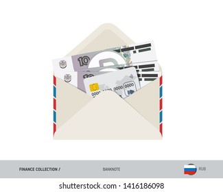 10 Russian Ruble banknotes and credit card. Flat style opened envelope with cash. Salary payout or bank transaction concept.