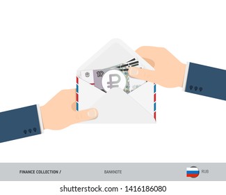 10 Russian Ruble Banknotes in envelope hold in hand. Flat style opened white envelope with cash. Salary payout or corruption concept.