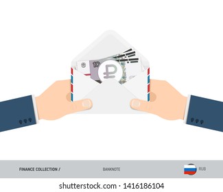 10 Russian Ruble Banknotes in envelope hold in hand. Flat style opened white envelope with cash. Salary payout or corruption concept.