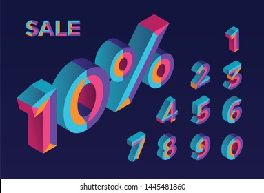 10% sale. 0, 1, 2, 3, 4, 5, 6, 7, 8, 9 isometric 3D numeral alphabet. Percent off, sale background. Colorful polygonal triangle Letter. Eps10. Vector Isolated Number.