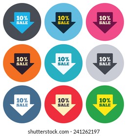 10% sale arrow tag sign icon. Discount symbol. Special offer label. Colored round buttons. Flat design circle icons set. Vector