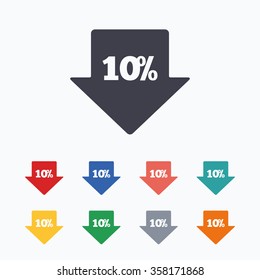 10% sale arrow tag sign icon. Discount symbol. Special offer label. Colored flat icons on white background.