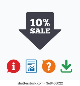 10% sale arrow tag sign icon. Discount symbol. Special offer label. Information think bubble, question mark, download and report.