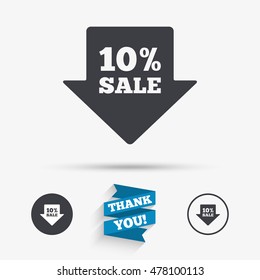 10% sale arrow tag sign icon. Discount symbol. Special offer label. Flat icons. Buttons with icons. Thank you ribbon. Vector