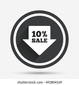 10% sale arrow tag sign icon. Discount symbol. Special offer label. Circle flat button with shadow and border. Vector