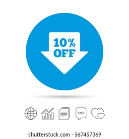 10% sale arrow tag sign icon. Discount symbol. Special offer label. Copy files, chat speech bubble and chart web icons. Vector