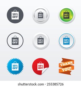 10% sale bag tag sign icon. Discount symbol. Special offer label. Circle concept buttons. Metal edging. Star and label sticker. Vector