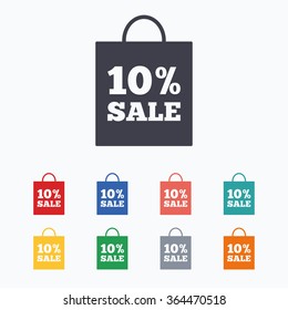 10% sale bag tag sign icon. Discount symbol. Special offer label. Colored flat icons on white background.
