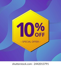 10% Sale and Discount Label. Ten percent Sale Discount label Geometric design. Abstract Blue and Yellow Hexagon. Vector illustration.