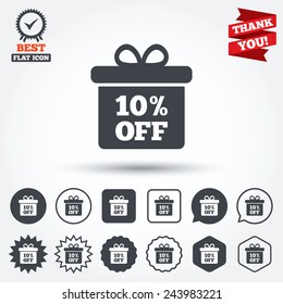 10% sale gift box tag sign icon. Discount symbol. Special offer label. Circle, star, speech bubble and square buttons. Award medal with check mark. Thank you. Vector